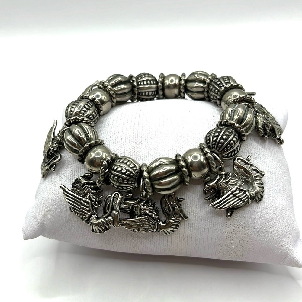 Dragon Charm Bracelet Stretch MJ Enterprises 80s Dark Silver Tone Vintage 8”